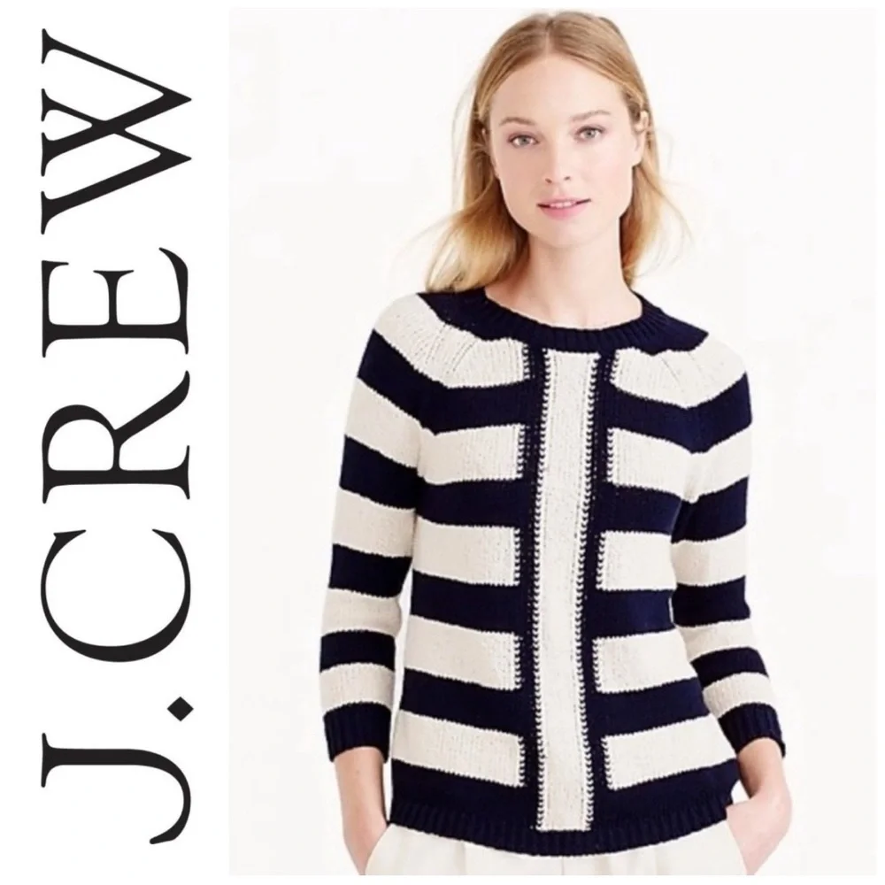 J.Crew Sweater crewneck Pullover Knit navy cream stripes preppy casual small